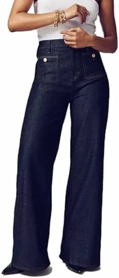 Tummy Control High Waisted Jeans,Wide Leg Cropped Denim Pants,Tummy Control Sailor Wide Leg Trouser