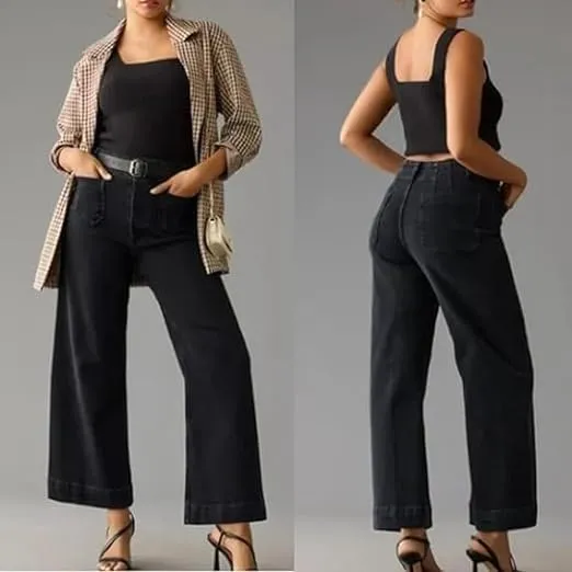Tummy Control High Waisted Jeans,Wide Leg Cropped Denim Pants,Tummy Control Sailor Wide Leg Trouser