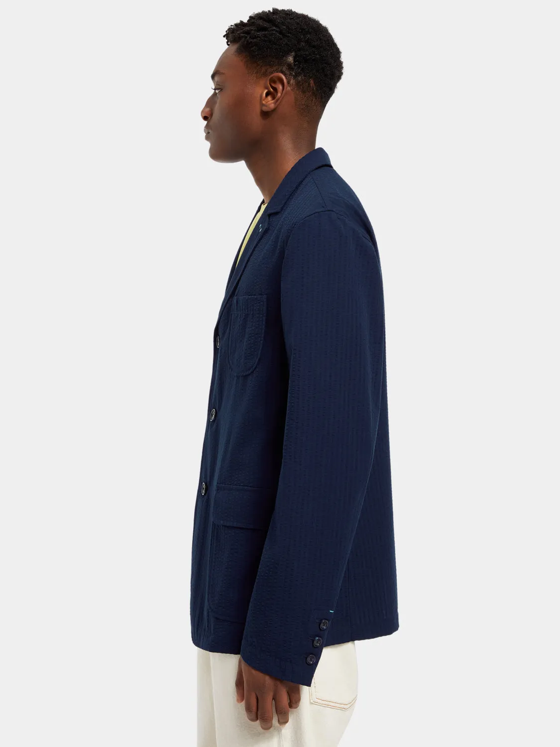 Unconstructed seersucker blazer