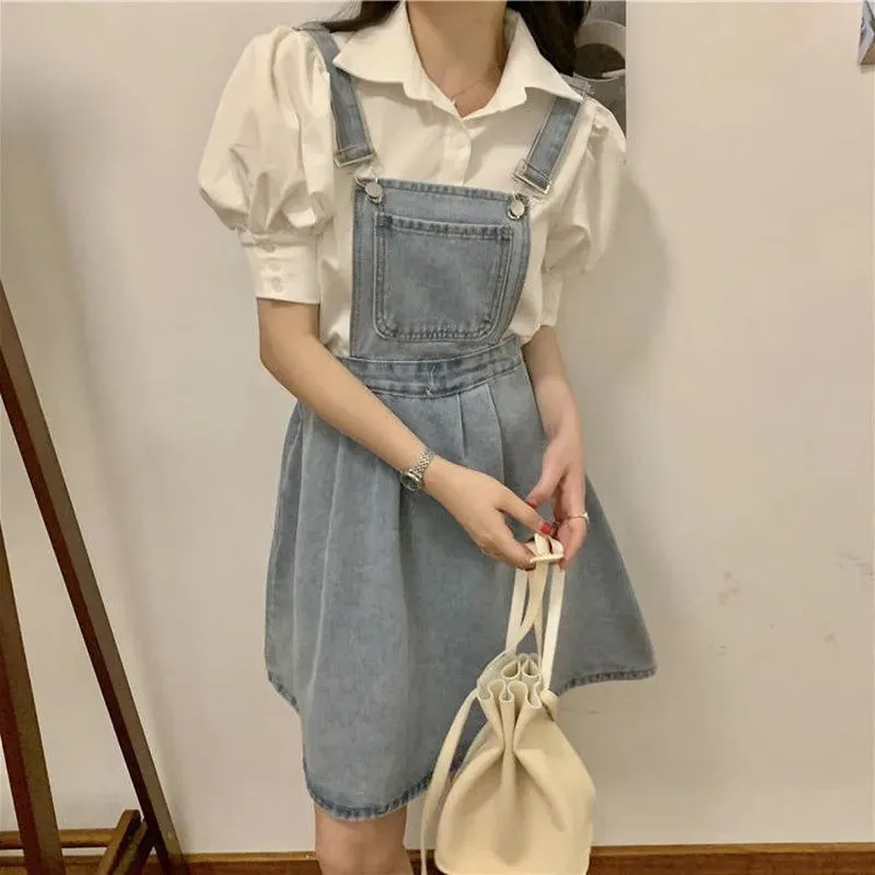 Vintage Denim Dress Sundress Korean Style Casual Mini Summer Women's Dresses Loose Student  Robe Femme Chic Fashion