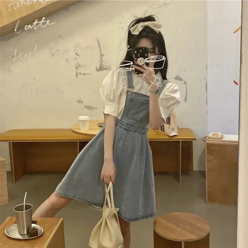 Vintage Denim Dress Sundress Korean Style Casual Mini Summer Women's Dresses Loose Student  Robe Femme Chic Fashion