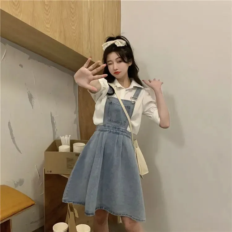 Vintage Denim Dress Sundress Korean Style Casual Mini Summer Women's Dresses Loose Student  Robe Femme Chic Fashion