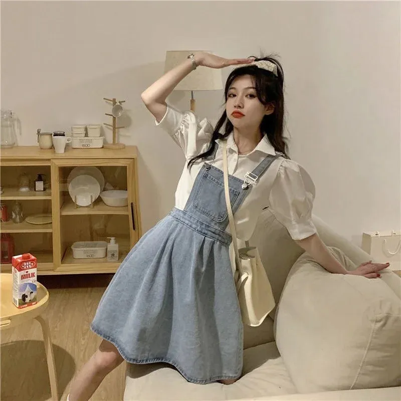 Vintage Denim Dress Sundress Korean Style Casual Mini Summer Women's Dresses Loose Student  Robe Femme Chic Fashion
