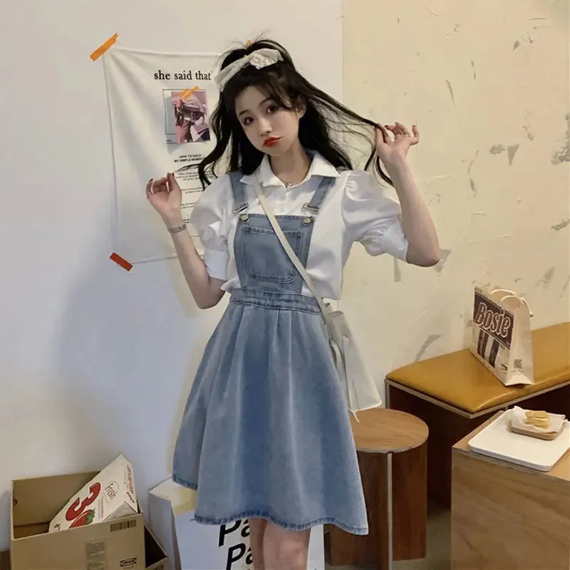 Vintage Denim Dress Sundress Korean Style Casual Mini Summer Women's Dresses Loose Student  Robe Femme Chic Fashion