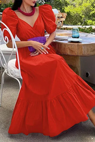 Vintage V-neck Swing Sundress Puff Sleeve Party Maxi Dress