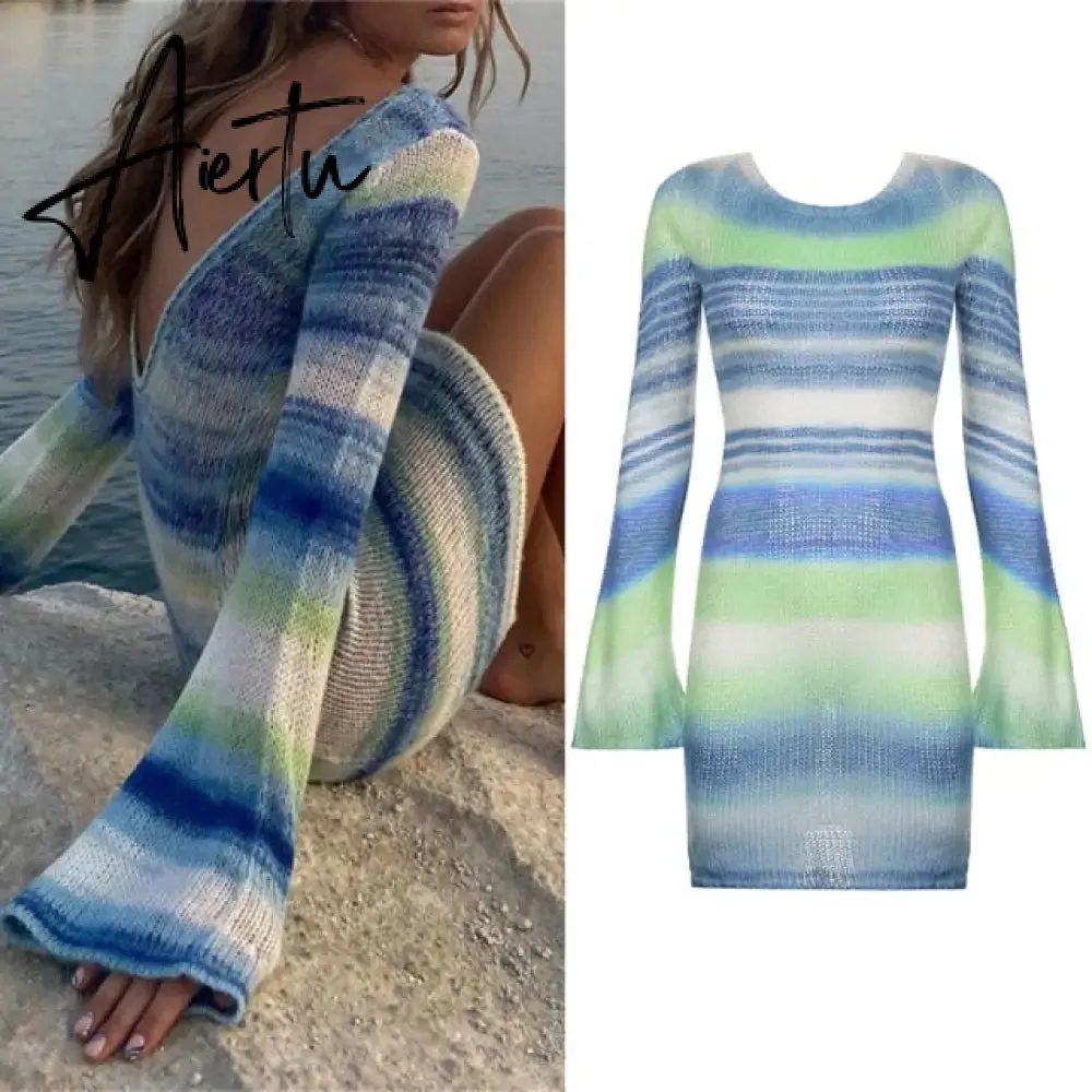 Wave Striped Patchwork Y2K Mini Dresses Backless Long Sleeves Elegant Sundress Fashion Cute Aesthetic 90s Outfits Cuteandpsycho