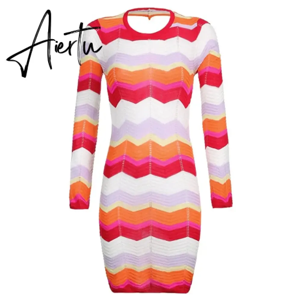 Wave Striped Patchwork Y2K Mini Dresses Backless Long Sleeves Elegant Sundress Fashion Cute Aesthetic 90s Outfits Cuteandpsycho