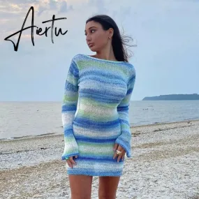 Wave Striped Patchwork Y2K Mini Dresses Backless Long Sleeves Elegant Sundress Fashion Cute Aesthetic 90s Outfits Cuteandpsycho