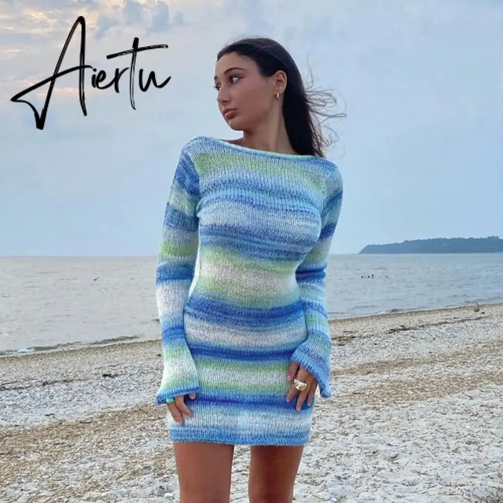 Wave Striped Patchwork Y2K Mini Dresses Backless Long Sleeves Elegant Sundress Fashion Cute Aesthetic 90s Outfits Cuteandpsycho