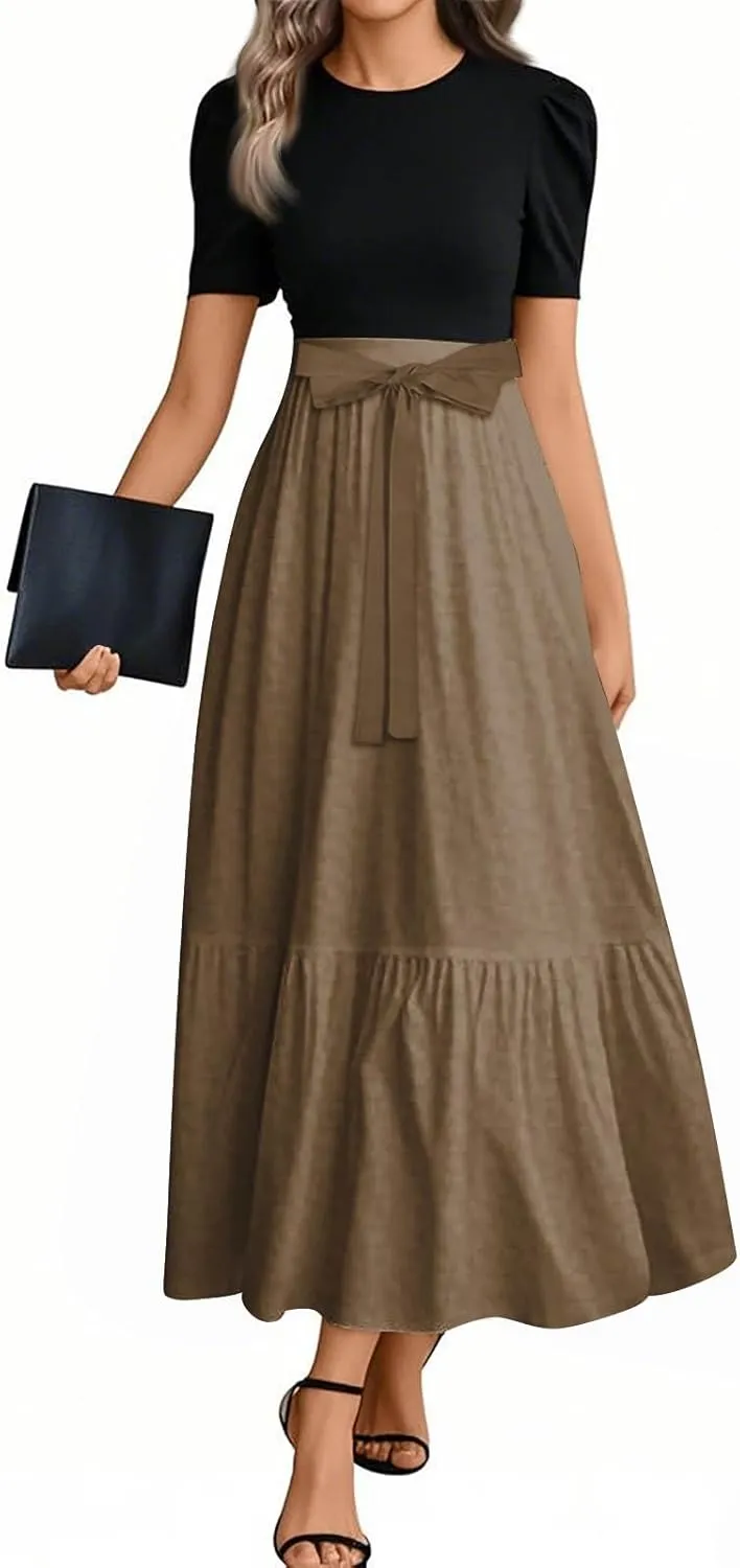 Wedding Guest Dresses for Women Summer Short Sleeve Floral Long Dress Elegant Party Cocktail A Line Flowy Maxi Dress