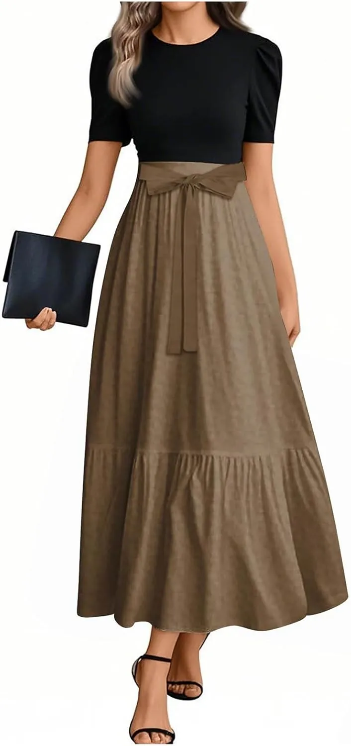 Wedding Guest Dresses for Women Summer Short Sleeve Floral Long Dress Elegant Party Cocktail A Line Flowy Maxi Dress