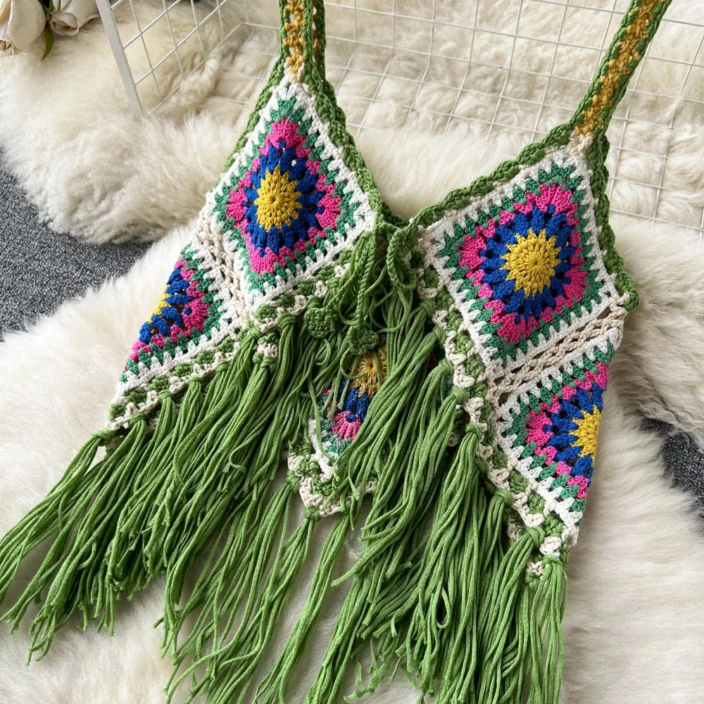 Women 2 pcs Granny Square Crochet Tassel Knitted Cover Up Top and Skirt Set