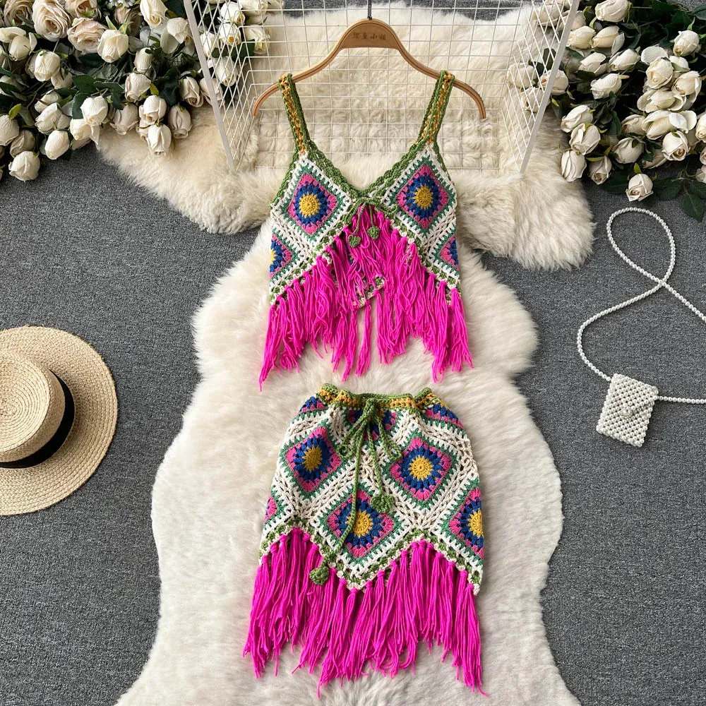 Women 2 pcs Granny Square Crochet Tassel Knitted Cover Up Top and Skirt Set
