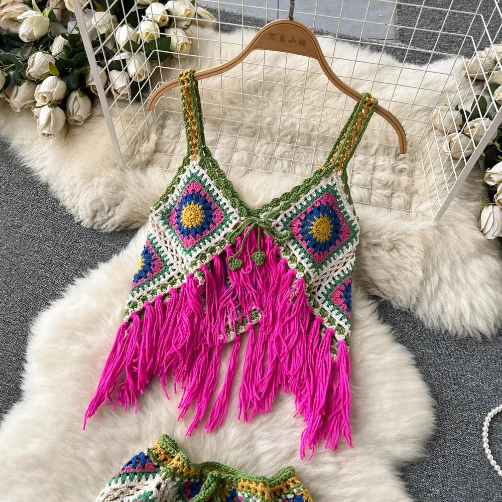 Women 2 pcs Granny Square Crochet Tassel Knitted Cover Up Top and Skirt Set