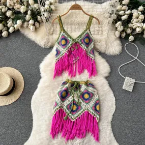 Women 2 pcs Granny Square Crochet Tassel Knitted Cover Up Top and Skirt Set