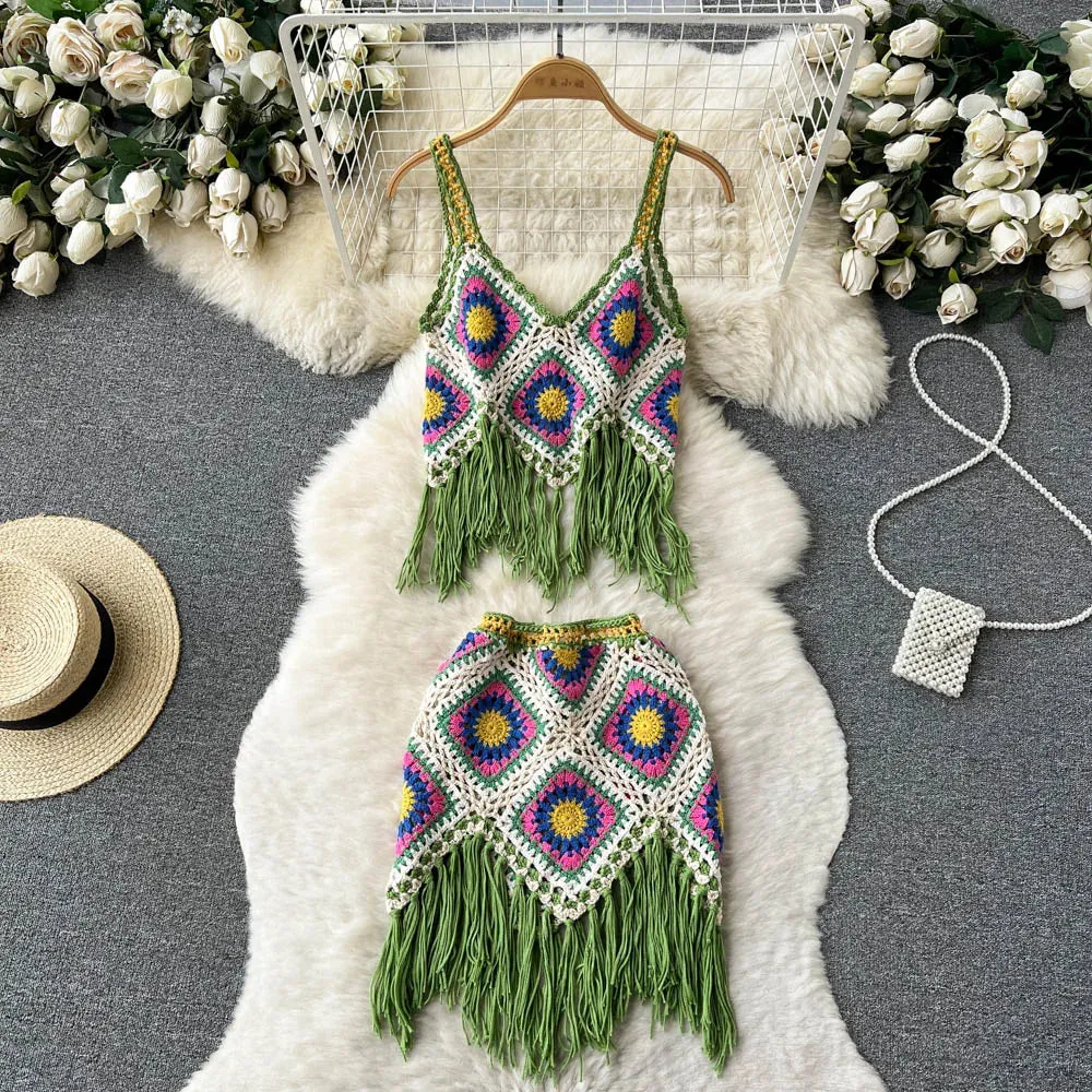 Women 2 pcs Granny Square Crochet Tassel Knitted Cover Up Top and Skirt Set