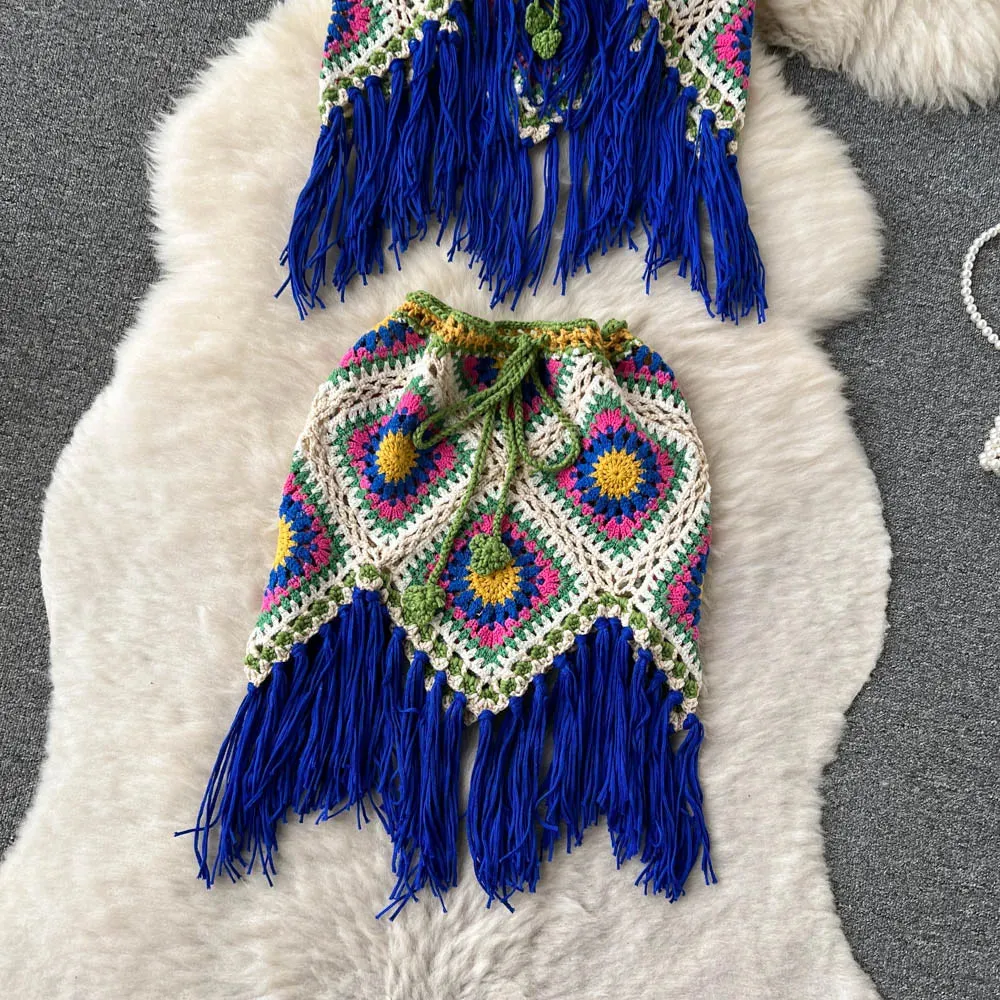 Women 2 pcs Granny Square Crochet Tassel Knitted Cover Up Top and Skirt Set