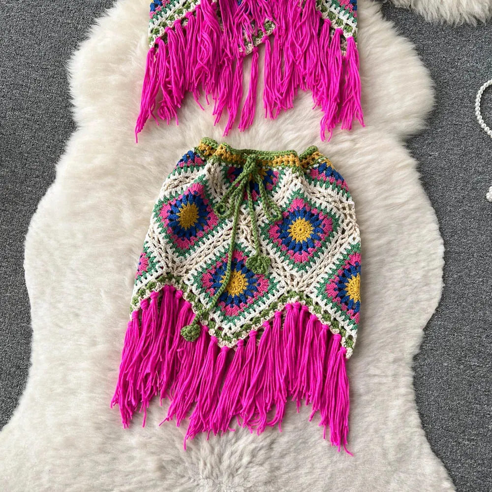 Women 2 pcs Granny Square Crochet Tassel Knitted Cover Up Top and Skirt Set