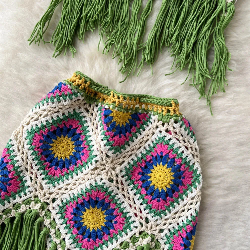 Women 2 pcs Granny Square Crochet Tassel Knitted Cover Up Top and Skirt Set