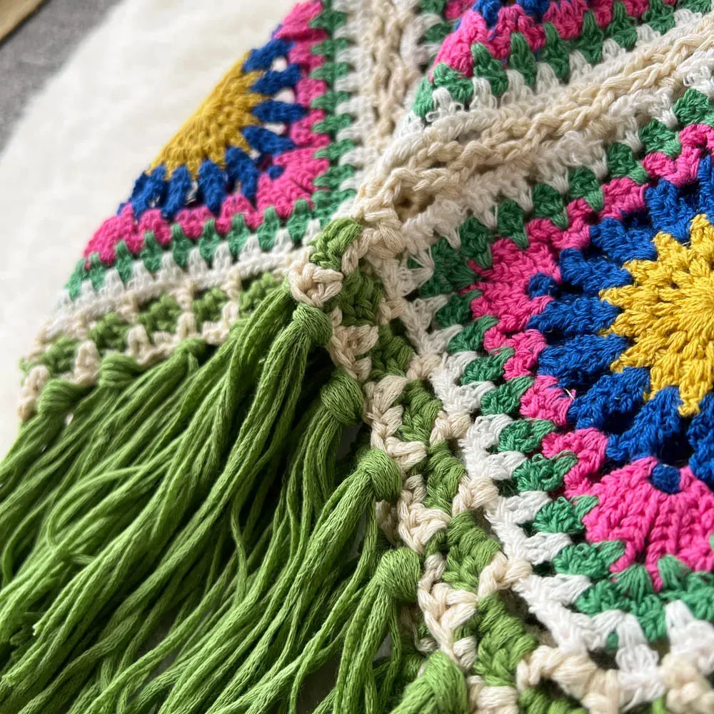 Women 2 pcs Granny Square Crochet Tassel Knitted Cover Up Top and Skirt Set