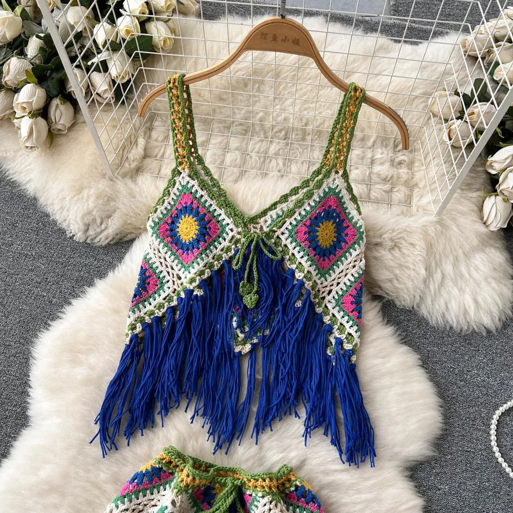 Women 2 pcs Granny Square Crochet Tassel Knitted Cover Up Top and Skirt Set