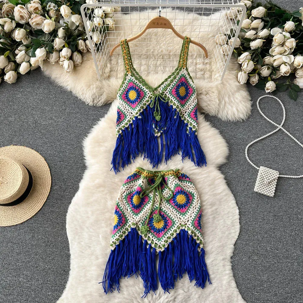 Women 2 pcs Granny Square Crochet Tassel Knitted Cover Up Top and Skirt Set