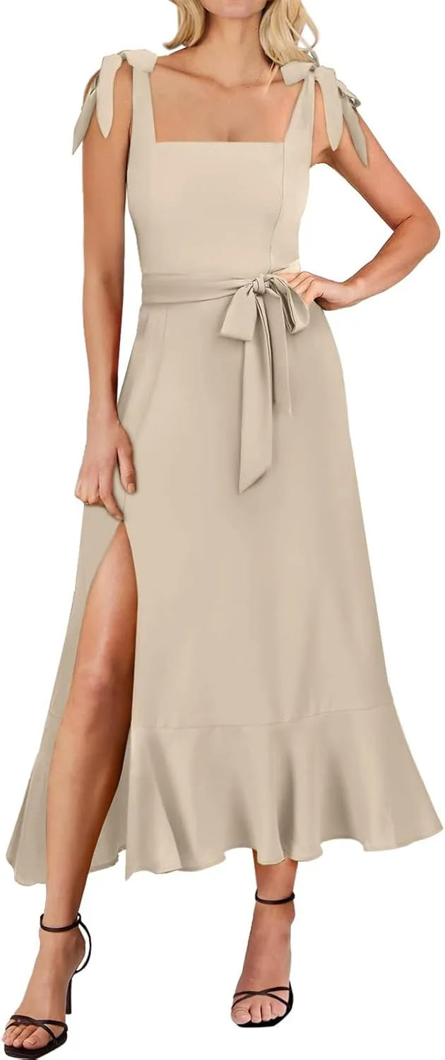 Women Elegant Dresses Square Neck Sleeveless Ruffle Split Midi Dress Formal Wedding Guest Cocktail Bridesmaid Party Dress