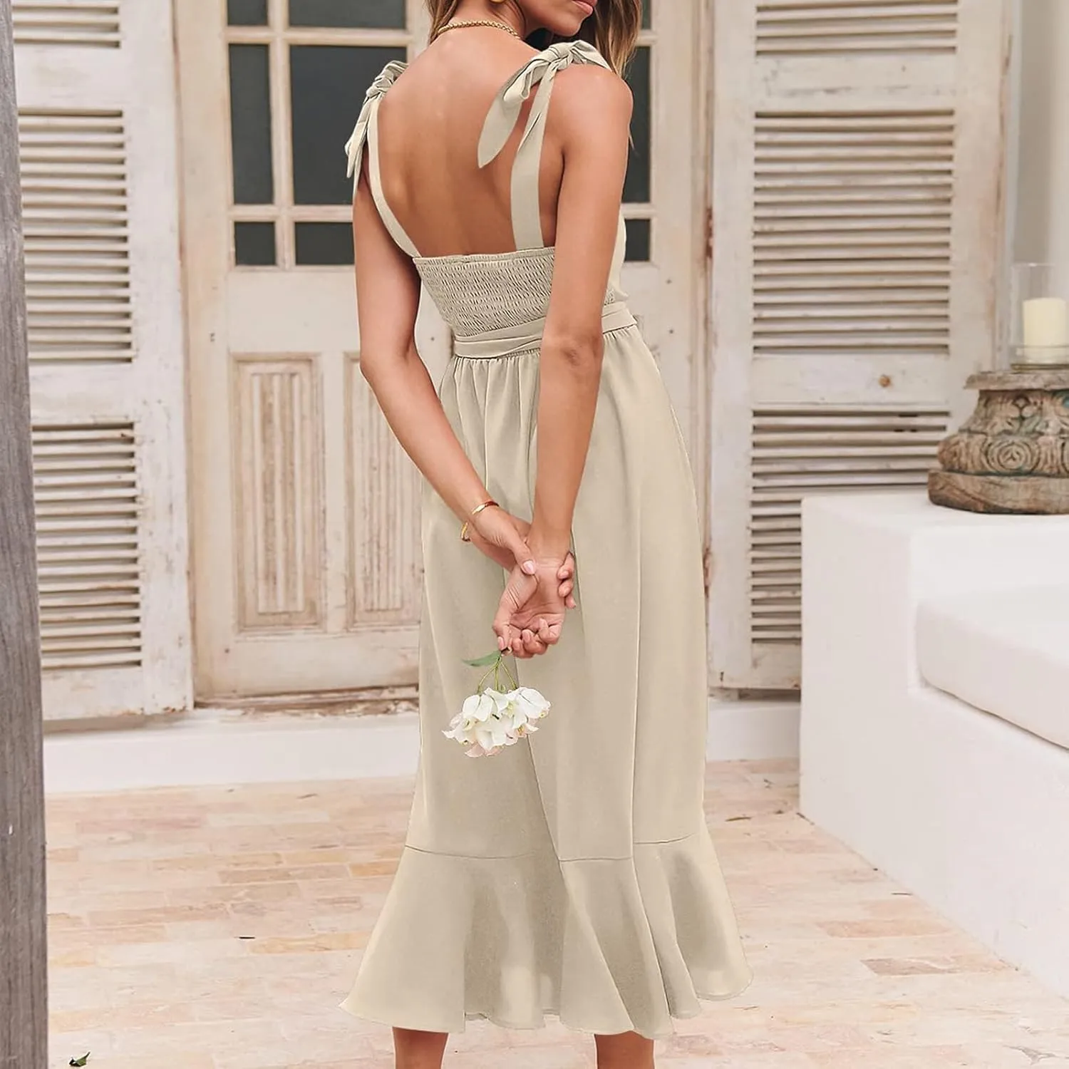 Women Elegant Dresses Square Neck Sleeveless Ruffle Split Midi Dress Formal Wedding Guest Cocktail Bridesmaid Party Dress