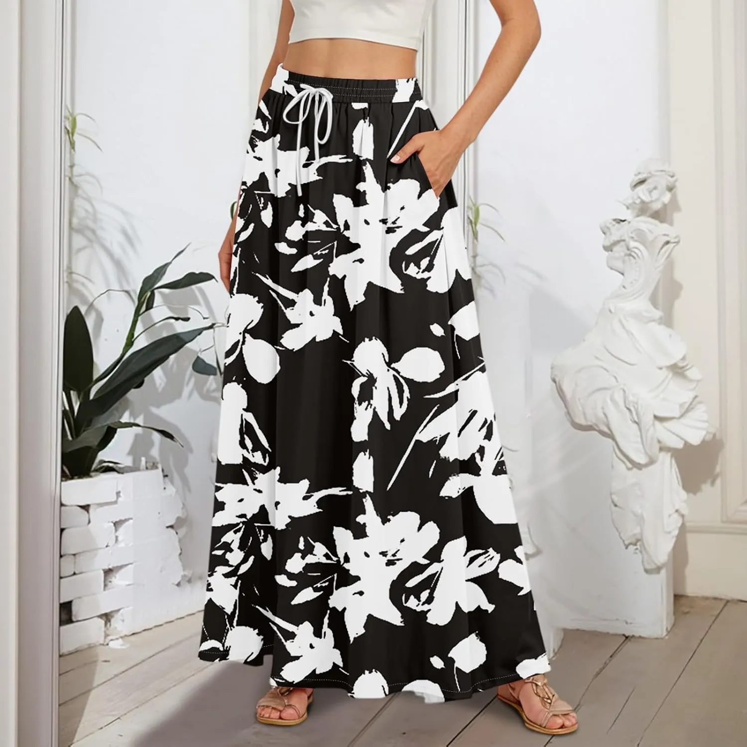 Women Floral Skirt A Line Pleated Flowy Midi Skirts with Pockets Drawstring Casual Elastic High Waisted Boho Beach Dress