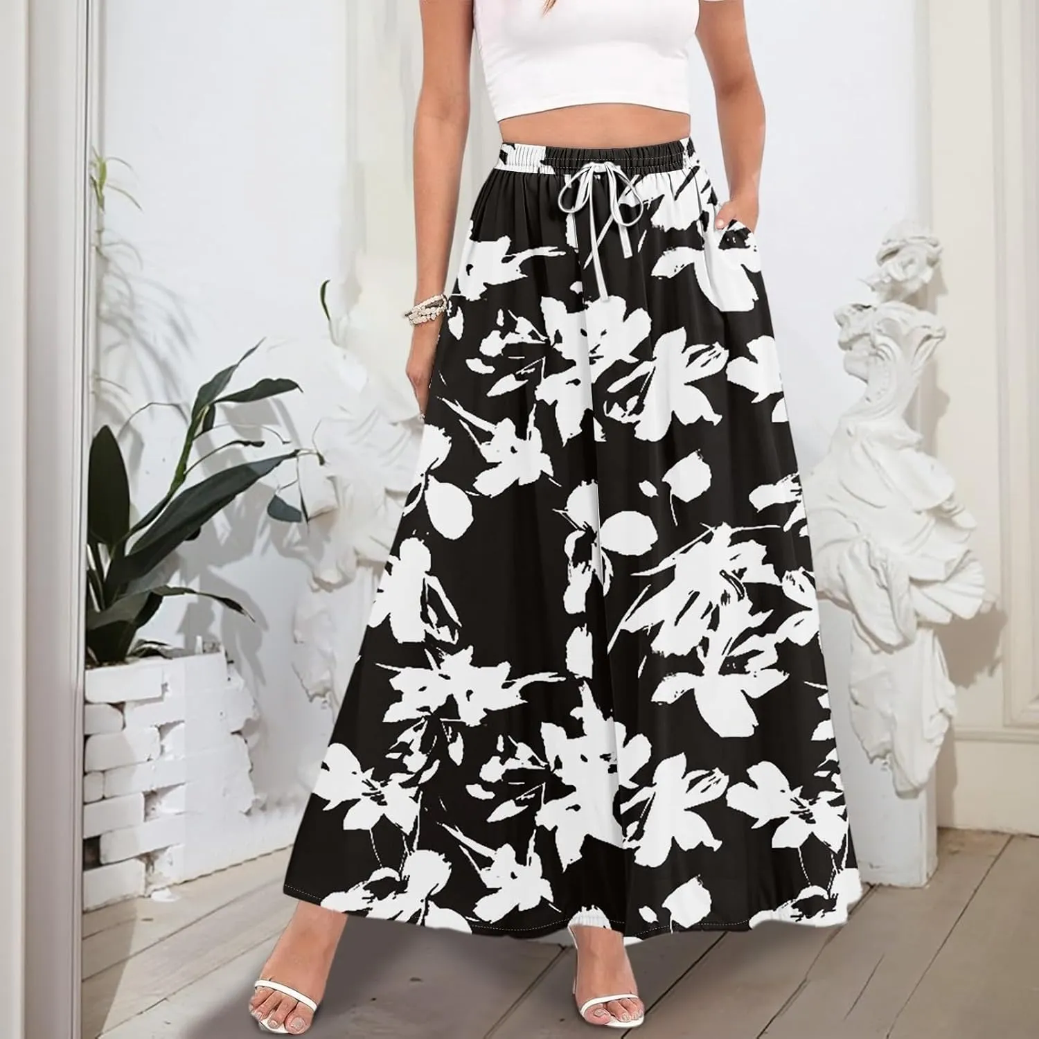Women Floral Skirt A Line Pleated Flowy Midi Skirts with Pockets Drawstring Casual Elastic High Waisted Boho Beach Dress