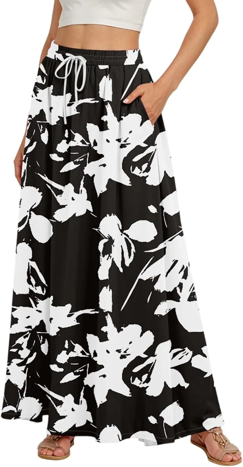 Women Floral Skirt A Line Pleated Flowy Midi Skirts with Pockets Drawstring Casual Elastic High Waisted Boho Beach Dress