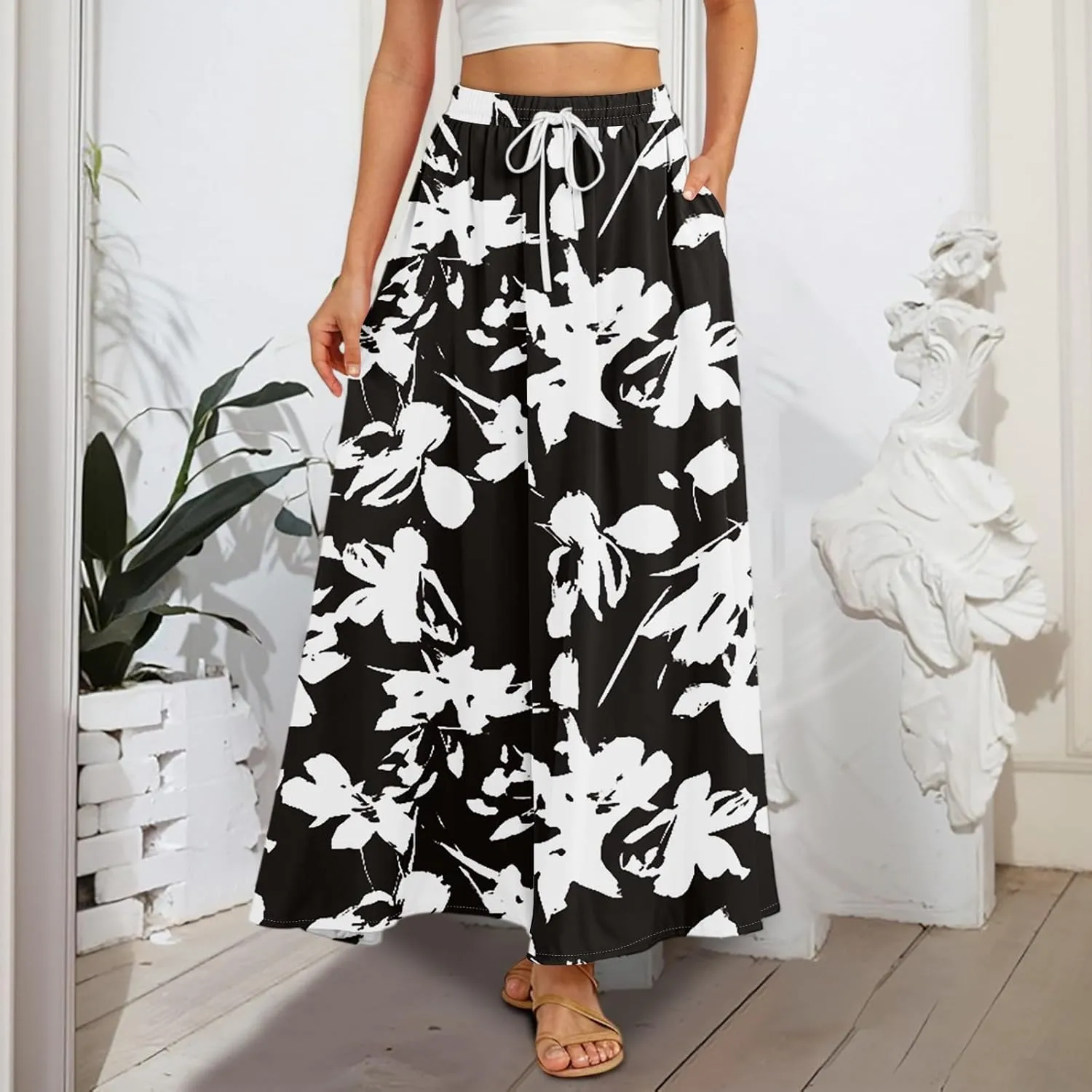Women Floral Skirt A Line Pleated Flowy Midi Skirts with Pockets Drawstring Casual Elastic High Waisted Boho Beach Dress