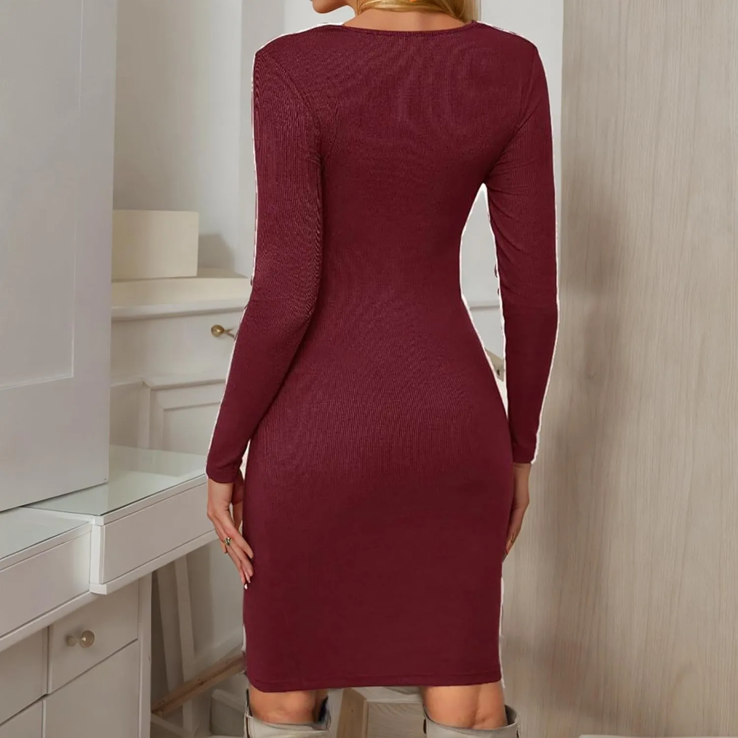 Women Maternity Twist Front Bodycon Long Sleeve Round Neck Pencil Dress Textured Knit Pregnancy Dresses 2025 Trendy