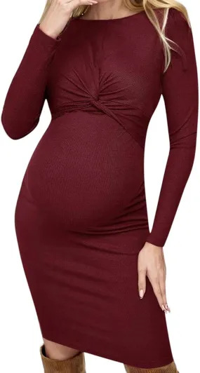 Women Maternity Twist Front Bodycon Long Sleeve Round Neck Pencil Dress Textured Knit Pregnancy Dresses 2025 Trendy