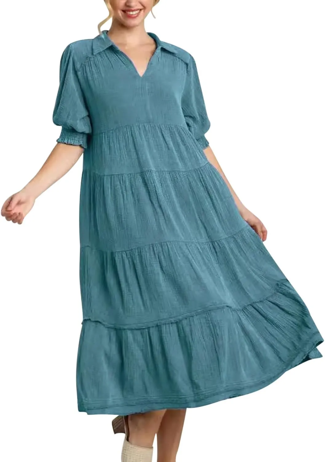 Women Summer Maxi Dress Puff Short Sleeve V Neck Tiered Boho Dresses Flowy Loose Fit Vacation Travel Outfits