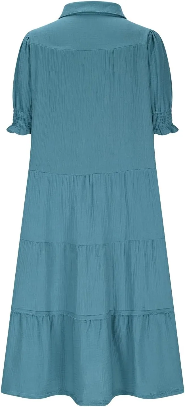Women Summer Maxi Dress Puff Short Sleeve V Neck Tiered Boho Dresses Flowy Loose Fit Vacation Travel Outfits