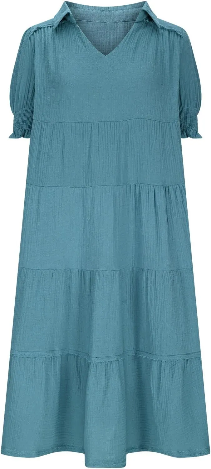Women Summer Maxi Dress Puff Short Sleeve V Neck Tiered Boho Dresses Flowy Loose Fit Vacation Travel Outfits