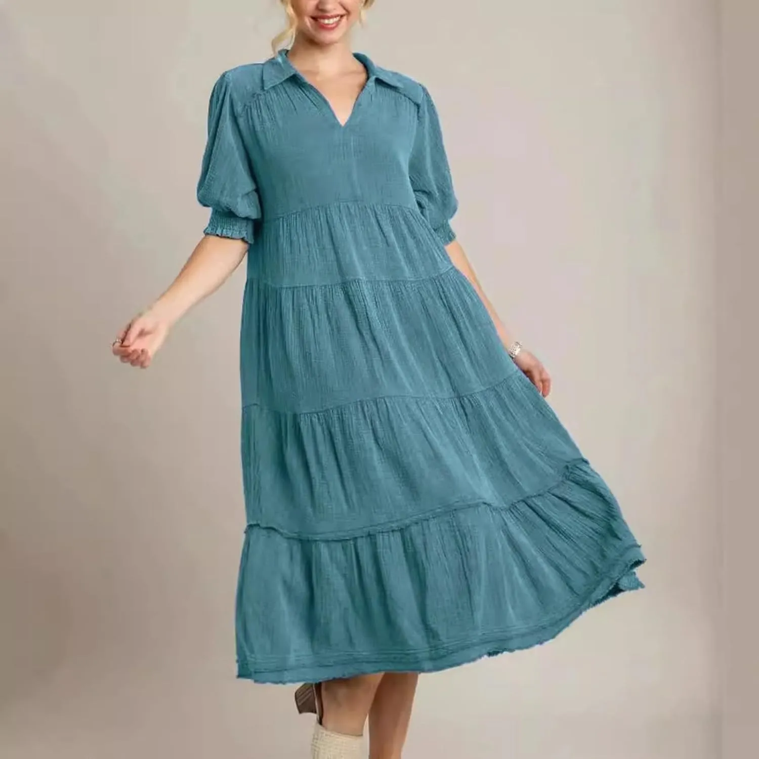 Women Summer Maxi Dress Puff Short Sleeve V Neck Tiered Boho Dresses Flowy Loose Fit Vacation Travel Outfits