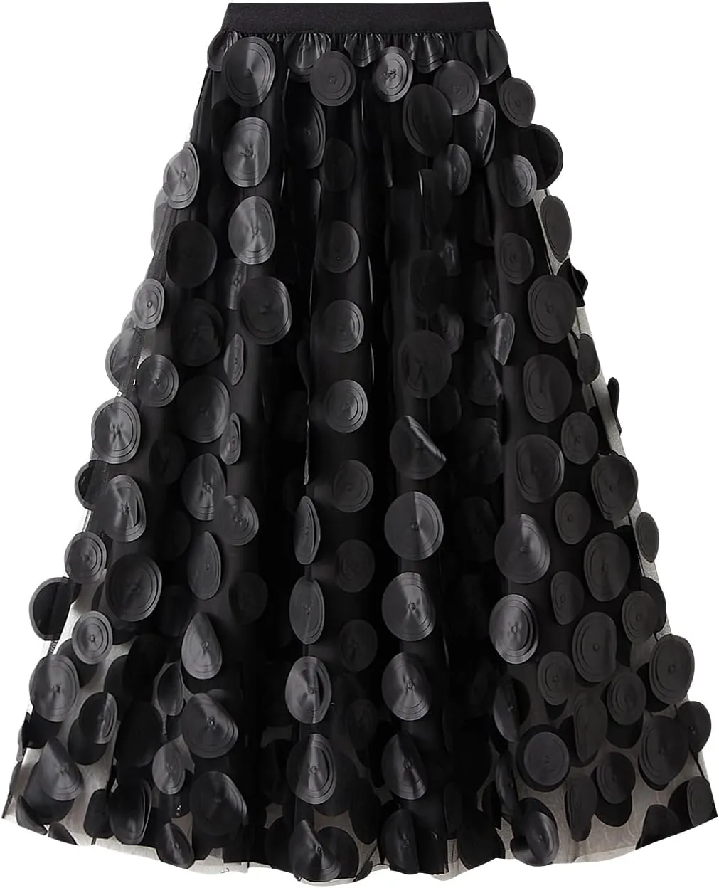 Women Tulle Midi Skirt High Elastic Waist 3D Polka Dot Mesh Skirt A-Line Layered Bubble Skirt Graduation Dress