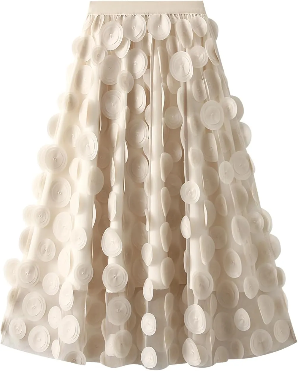 Women Tulle Midi Skirt High Elastic Waist 3D Polka Dot Mesh Skirt A-Line Layered Bubble Skirt Graduation Dress