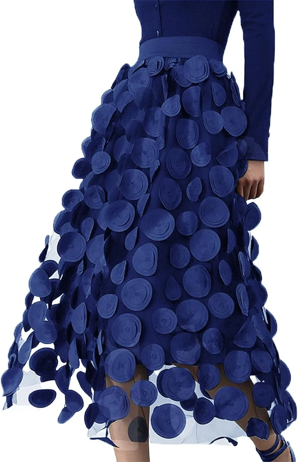 Women Tulle Midi Skirt High Elastic Waist 3D Polka Dot Mesh Skirt A-Line Layered Bubble Skirt Graduation Dress