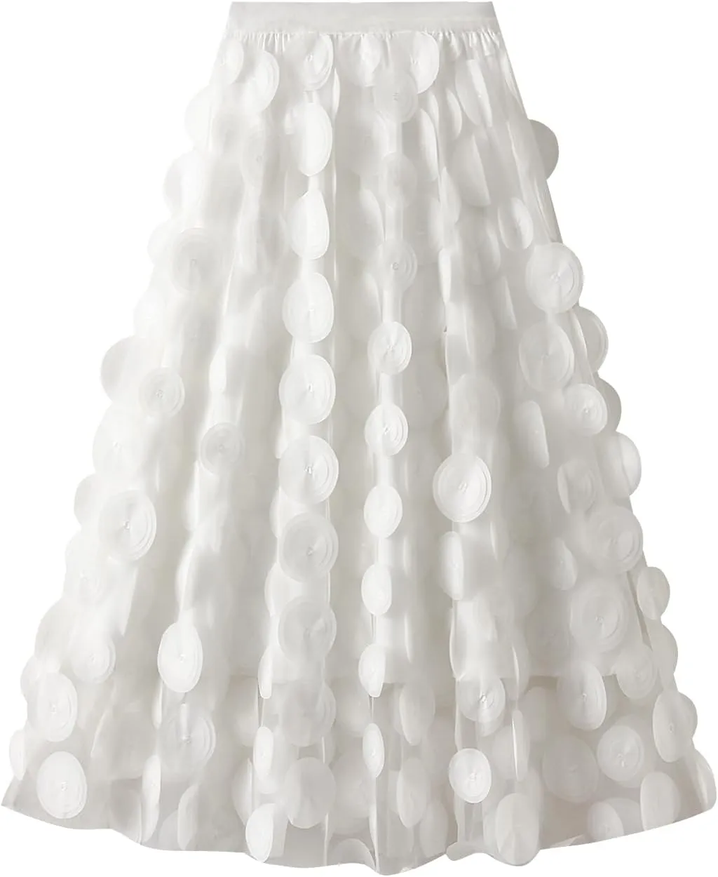 Women Tulle Midi Skirt High Elastic Waist 3D Polka Dot Mesh Skirt A-Line Layered Bubble Skirt Graduation Dress