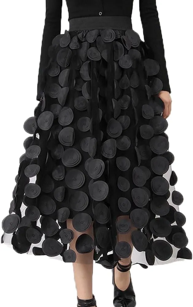 Women Tulle Midi Skirt High Elastic Waist 3D Polka Dot Mesh Skirt A-Line Layered Bubble Skirt Graduation Dress