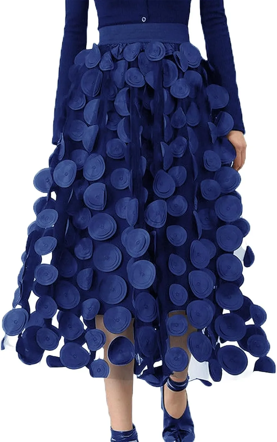 Women Tulle Midi Skirt High Elastic Waist 3D Polka Dot Mesh Skirt A-Line Layered Bubble Skirt Graduation Dress