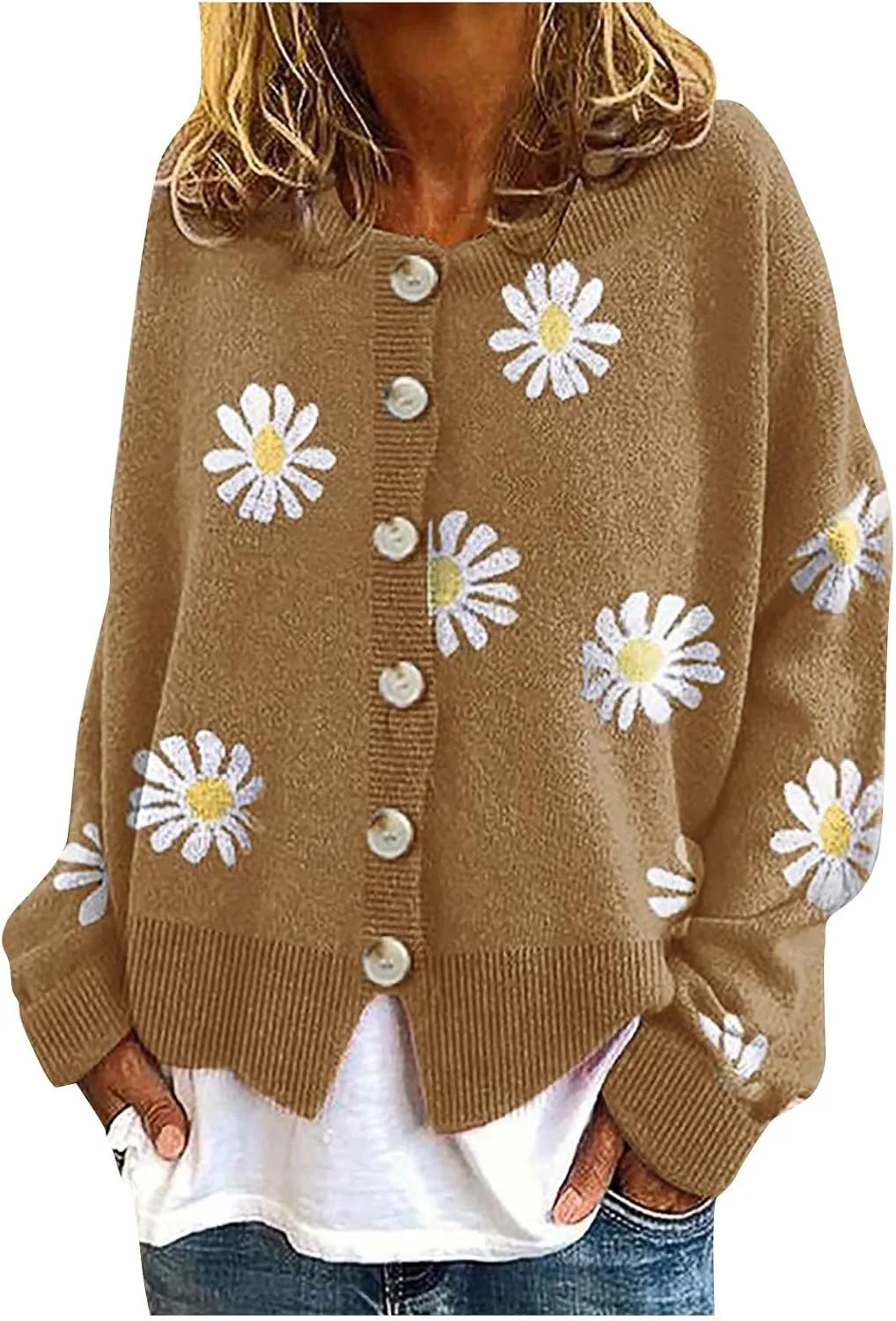 Womens 2023 Long Sleeve V Neck Button Down Cardigan Open Front Soft Chunky Knit Oversized Sweaters Coat with Pocket