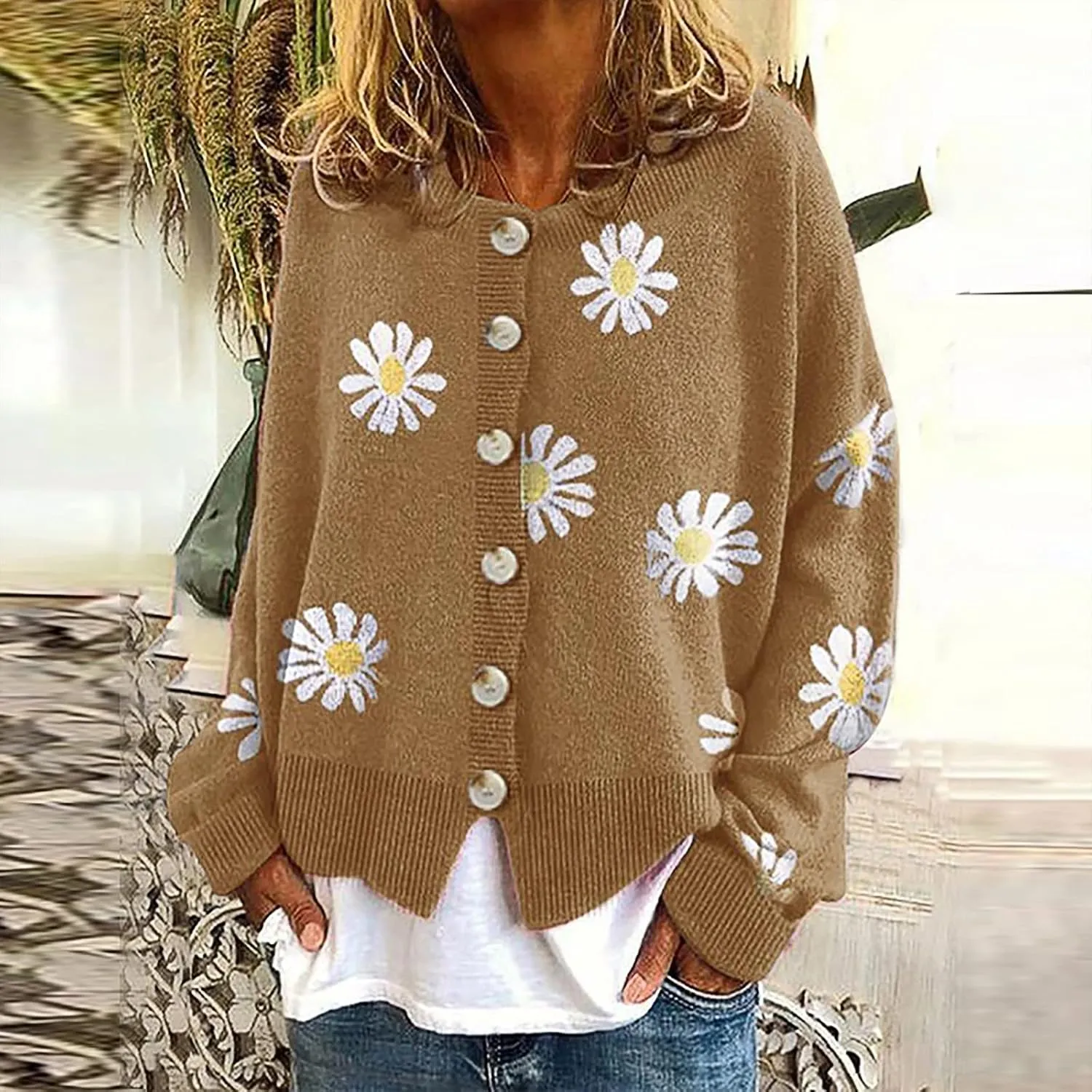 Womens 2023 Long Sleeve V Neck Button Down Cardigan Open Front Soft Chunky Knit Oversized Sweaters Coat with Pocket