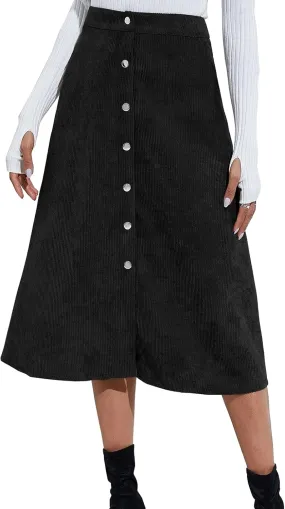 Womens A Line Button Up Midi Skirt Corduroy High Waist Skirt
