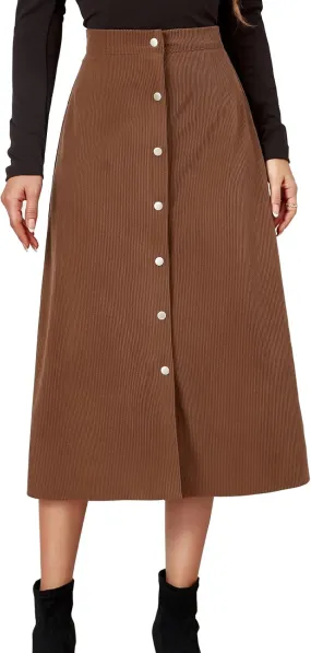 Womens A Line Button Up Midi Skirt Corduroy High Waist Skirt