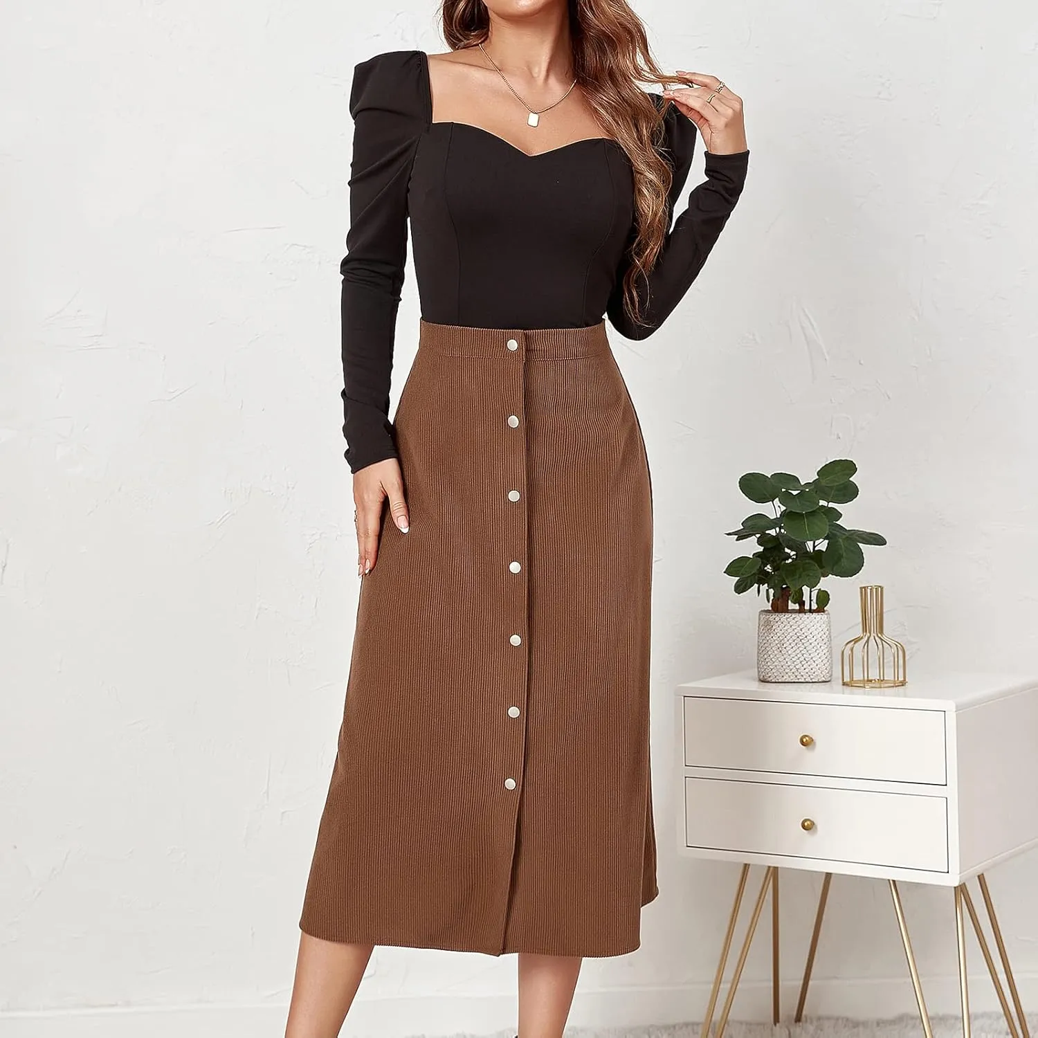 Womens A Line Button Up Midi Skirt Corduroy High Waist Skirt