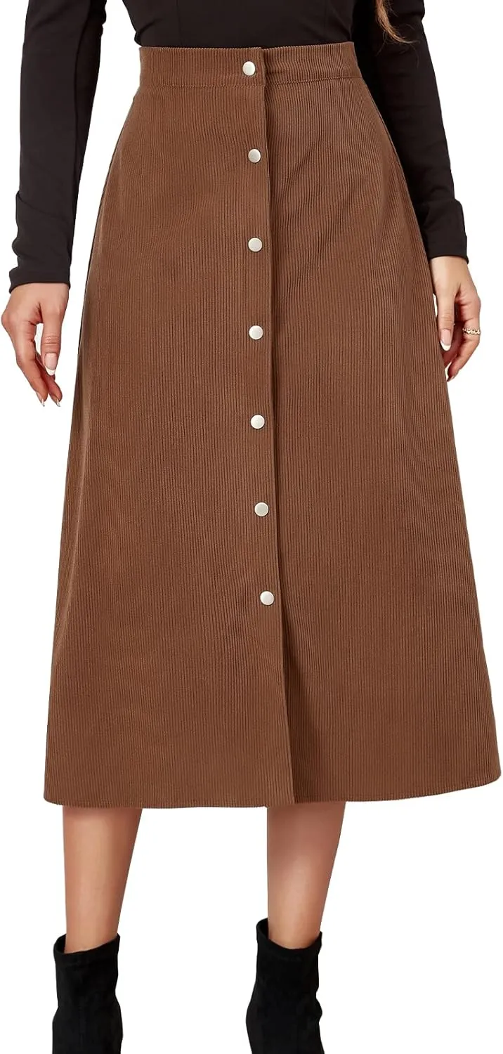 Womens A Line Button Up Midi Skirt Corduroy High Waist Skirt